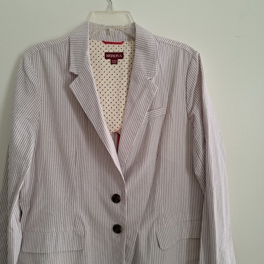 Merona Women's Seersucker Stripe Blazer Jacket XL TG Blue White Button Front - Picture 2 of 6